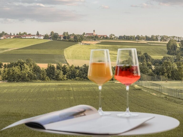 Zwei gefüllte Weingläser stehen auf einem Tisch der Terrasse der Spa Lofts des Landhotels Anetseder und bieten einen atemberaubenden Blick auf die umliegende Landschaft.
