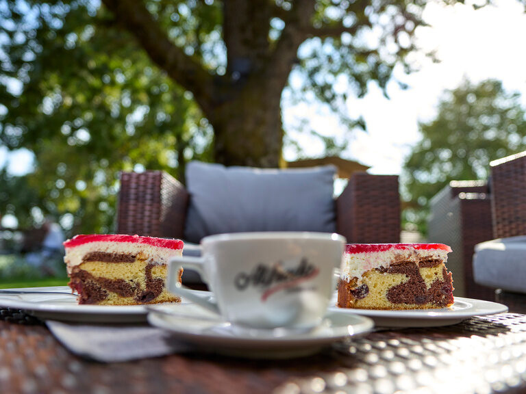 Zwei leckere Stück Kuchen, sowie eine Tasse Kaffee beim Hotel Anetseder in Niederbayern.