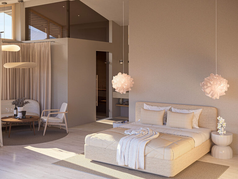 Ein modernes Hotelzimmer im Hotel Anetseder bietet ein großes und gemütliches Bett sowie moderner Einrichtung.